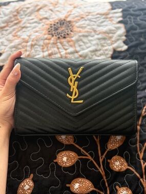 Saint Laurent Black Chevron Quilted Envelope Clutch with Gold YSL Emblem